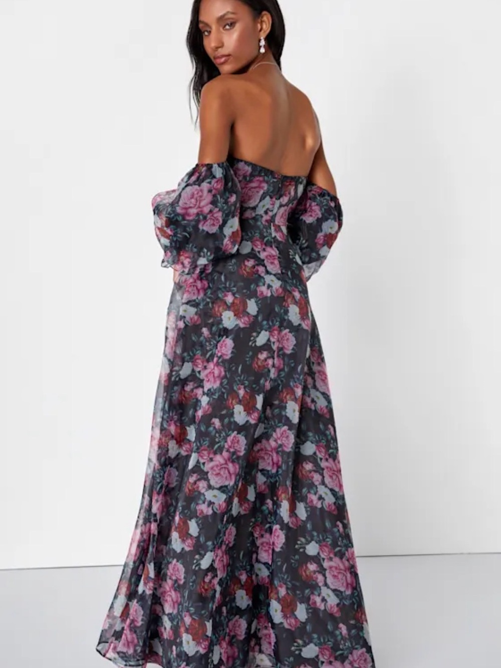 Lulus, True Excellence Black Floral Bustier Off-the-Shoulder Gown, Size M EUC - Picture 5 of 16